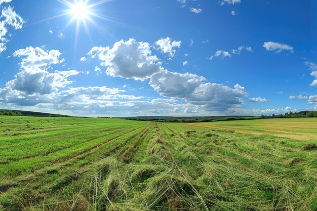 Um campo verde vibrante sob um céu azul num dia ensolarado.