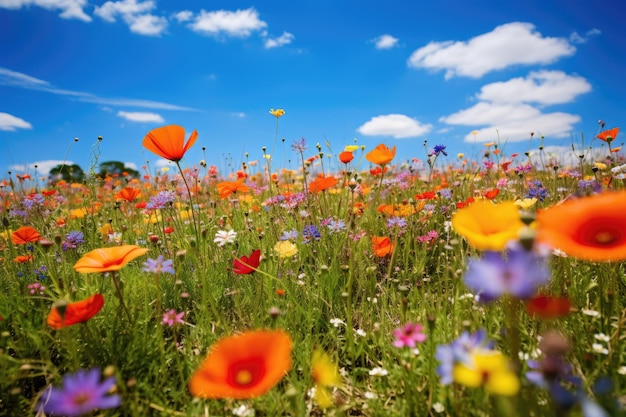 Um campo vibrante de flores coloridas sob um céu azul claro Um campo sereno cheio de flores silvestres de cores brilhantes na primavera