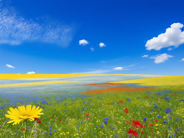Um campo vibrante de flores silvestres florescendo sob um céu azul claro