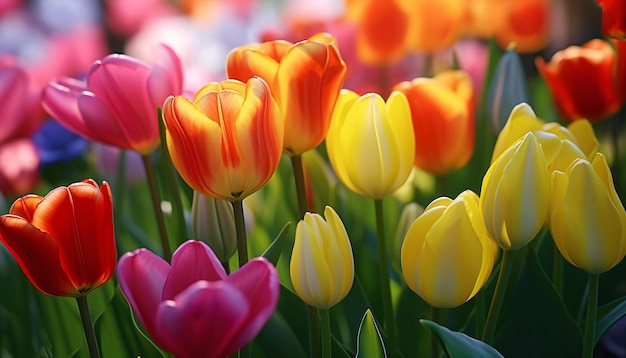 Um campo vibrante de tulipas coloridas