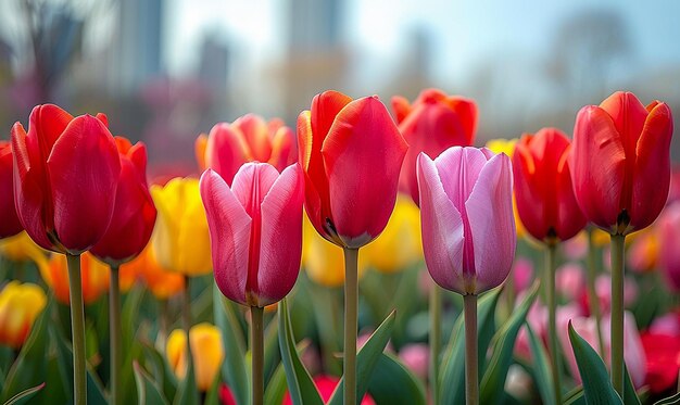 Um campo vibrante de tulipas de primavera