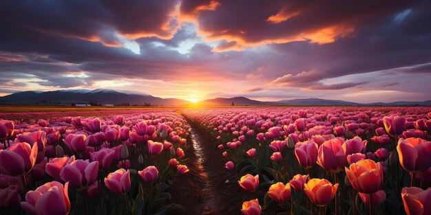 Foto um campo vibrante de tulipas em plena floração