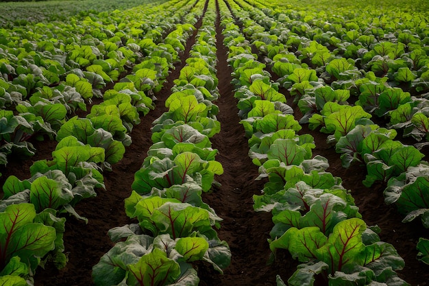 Um campo vibrante exibindo fileiras de plantas de beterraba prósperas