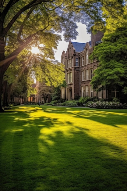 Um campus universitário com belos prédios antigos e gramados verdes criados com IA generativa