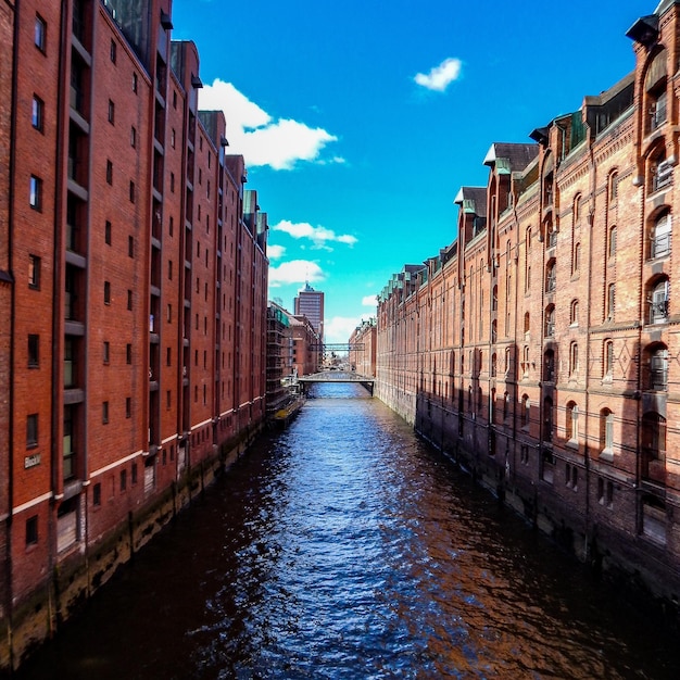 Um canal com um prédio de tijolos à esquerda e um céu azul ao fundo.