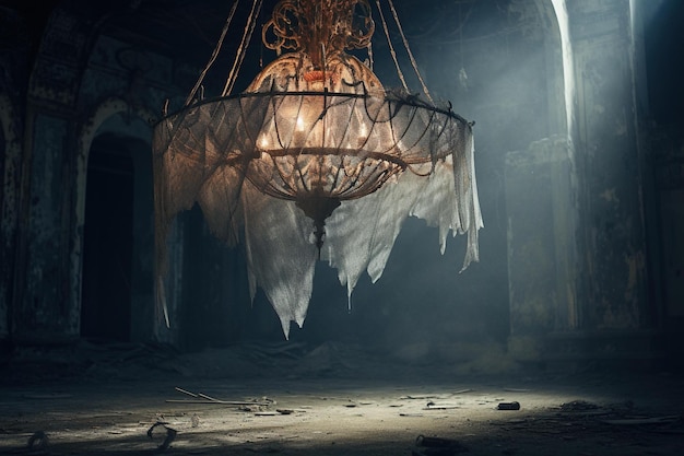 Um candelabro coberto de teia de aranha numa sala abandonada e empoeirada.