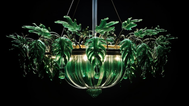 Foto um candelabro feito de vidro com um design de folha verde