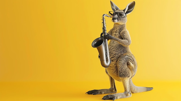 Um canguru com óculos está tocando saxofone O canguru está de pé em um fundo amarelo e está olhando para a câmera