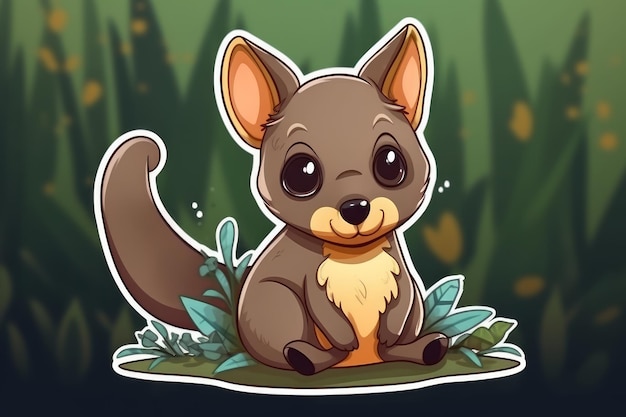 Um canguru de desenho animado com um grande olho roxo senta-se em uma selva.