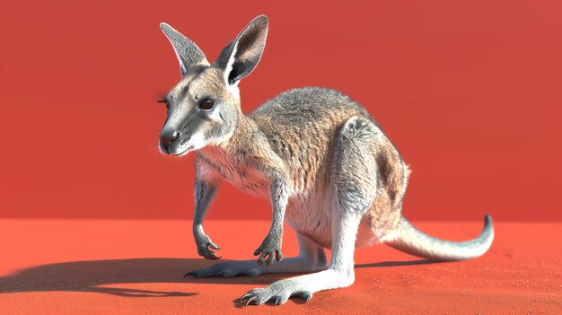 Foto um canguru está de pé na areia vermelha no deserto, o canguru olha para a esquerda do quadro, tem uma pelagem castanha clara e uma cauda longa.