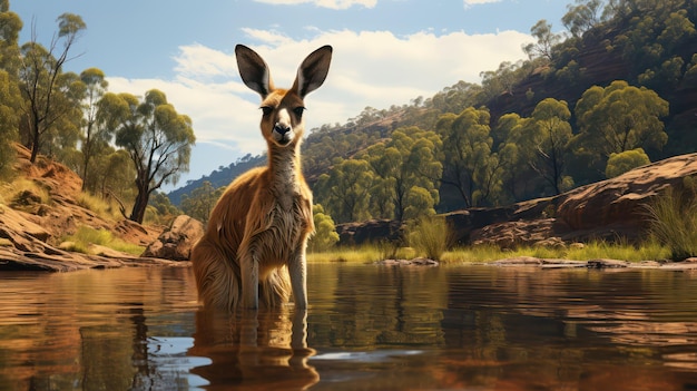 Foto um canguru está na água em frente a uma montanha