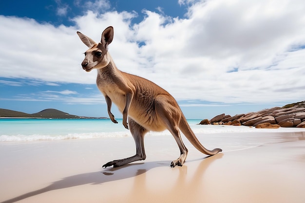 Um canguru pulando na praia de Lucky Bay, no Parque Nacional Cape Le Grand, perto de Esperance, na Austrália Ocidental