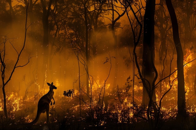 Um canguru tentando escapar de um incêndio florestal na Austrália