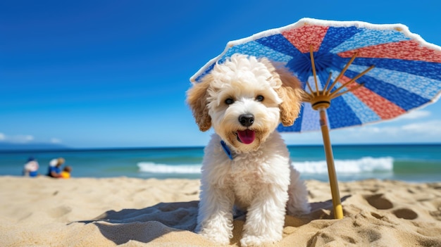 Um caniche brincalhão numa praia de areia