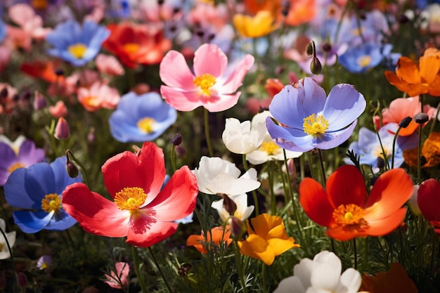 Um canteiro de flores com flores coloridas ao fundo.