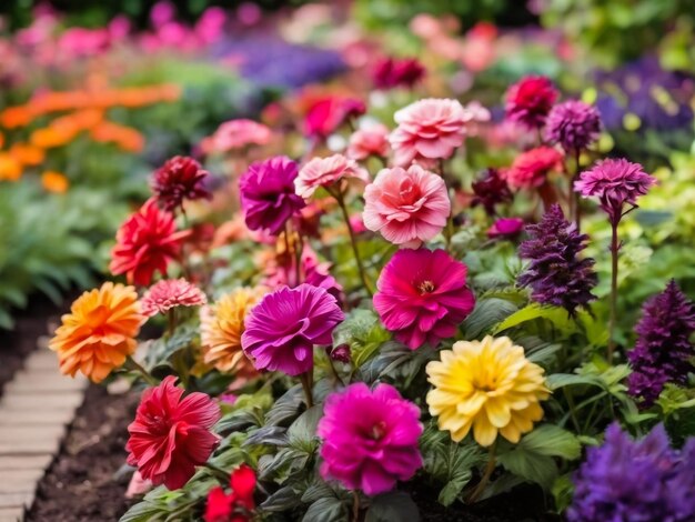 Um canteiro de flores multicolorido no parque, muitas belas flores de verão, flores exuberantes e brilhantes.