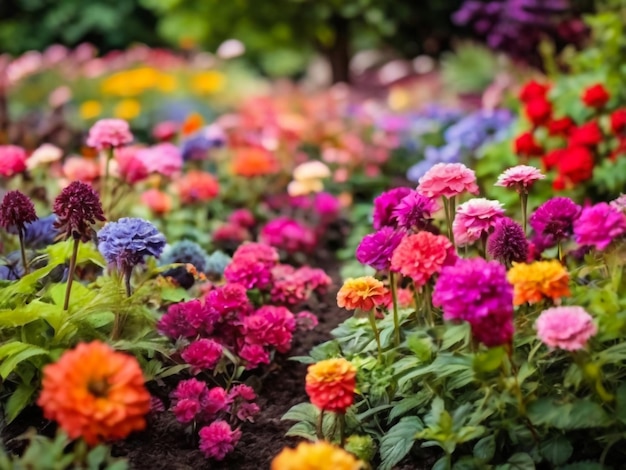Um canteiro de flores multicolorido no parque, muitas belas flores de verão, flores exuberantes e brilhantes.