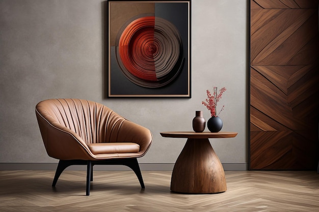 Um canto aconchegante na sala de estar uma poltrona de couro bege emparelhada com uma pequena mesa marrom redonda