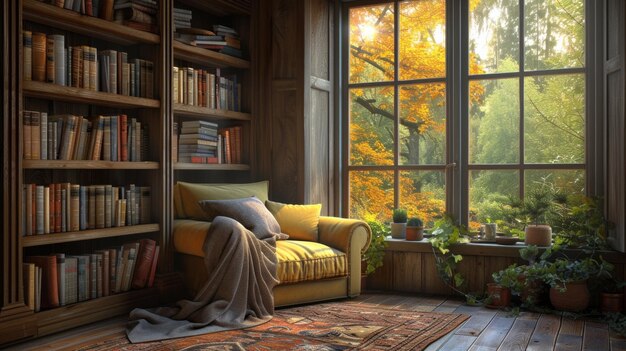 Um canto de leitura aconchegante com cobertores e chá promovendo o relaxamento e a auto-reflexão através da literatura