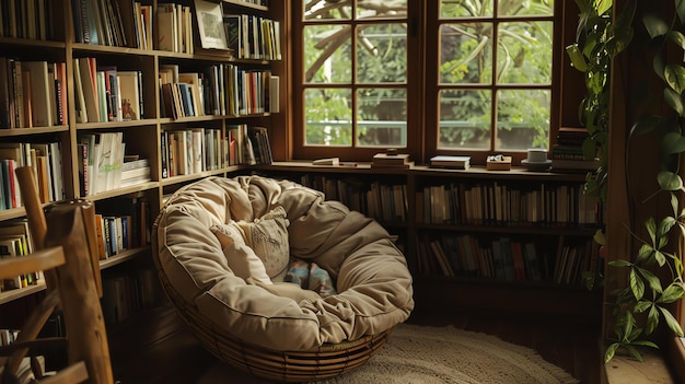 Foto um canto de leitura confortável e elegante uma grande cadeira de vime senta-se na frente de uma janela cercada por estantes de livros