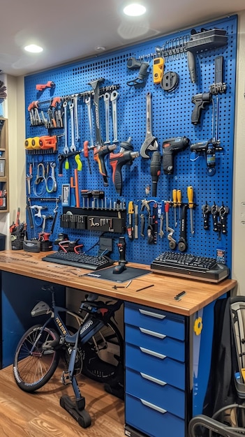 Foto um canto de oficina doméstica moderna mostrando uma tela de ferramenta organizada, um computador e uma bicicleta estacionária em um pano de fundo azul