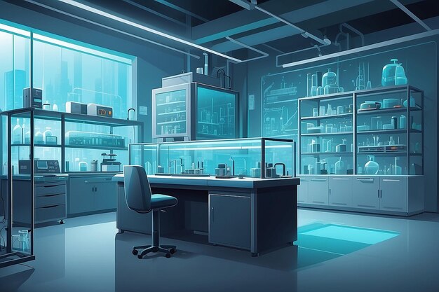 um canto do laboratório com uma área dedicada à experimentação com ilustrações vetoriais de nanotecnologia em estilo plano