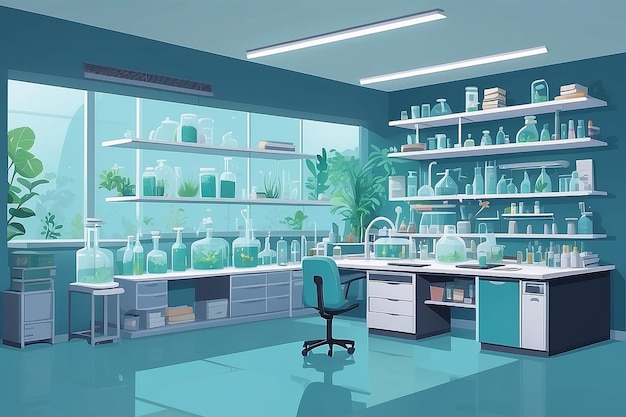 um canto do laboratório com uma área dedicada ao estudo do microbioma e da ecologia microbiana ilustração vetorial em estilo plano