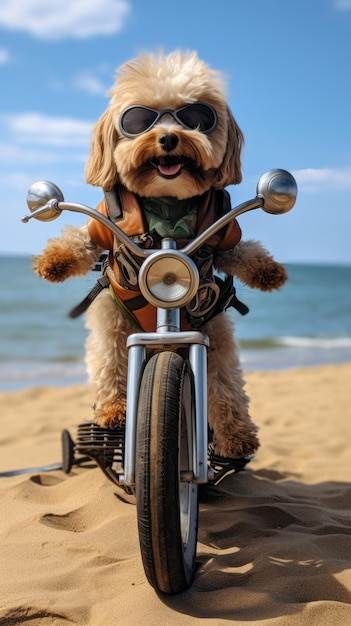 Um cão a andar de bicicleta elétrica na praia