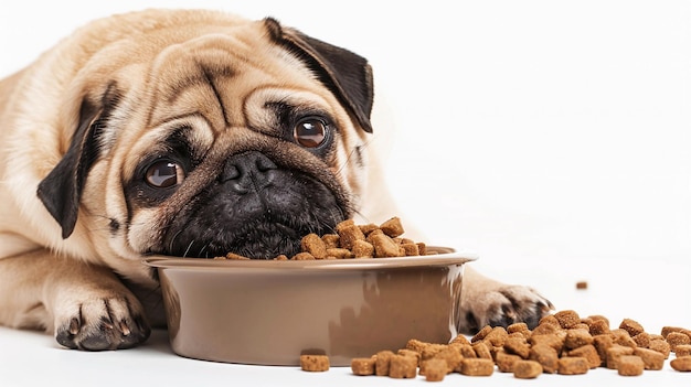 Foto um cão a comer de uma tigela de comida para cães