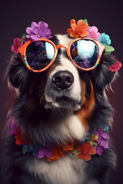 Foto um cão adornado com sombras e com uma coroa de flores na cabeça