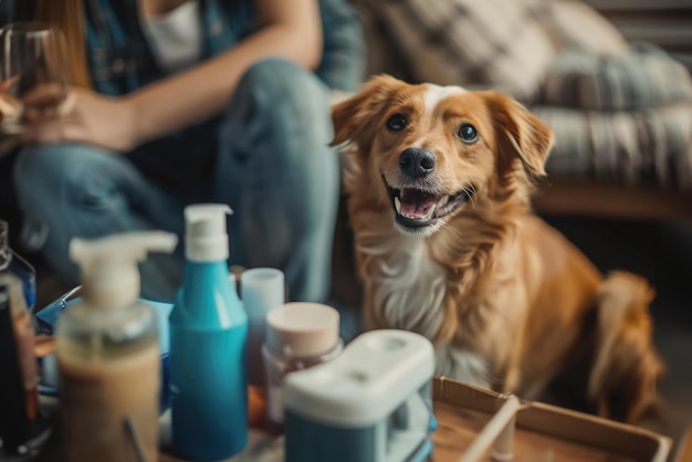 Um cão alegre ao lado de seu dono cercado de cuidados essenciais de animais de estimação felicidade e confiança entre humanos