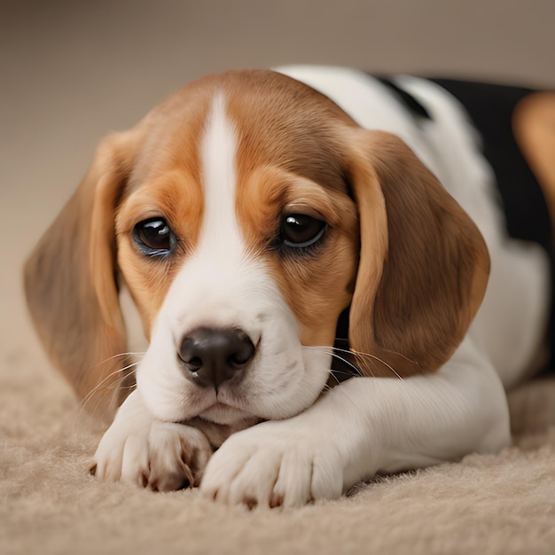 um cão beagle deitado em um tapete com um colarinho preto