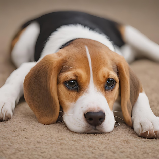 Foto um cão beagle deitado em um tapete com uma faixa branca em seu rosto