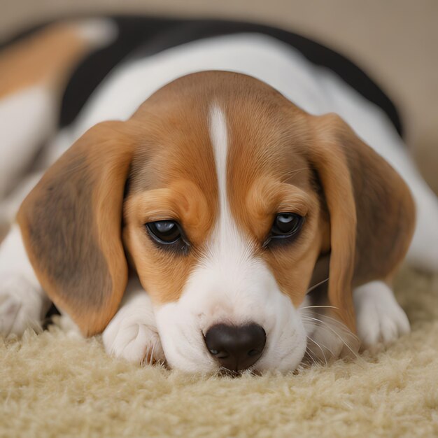 Foto um cão beagle deitado em um tapete com uma faixa branca em seu rosto