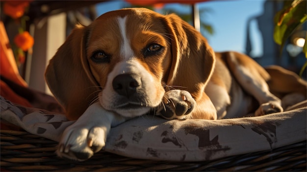 Foto um cão beagle deitado em uma hamaca