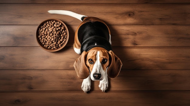 um cão beagle deitado no chão e olhando para uma tigela de comida seca um estilo moderno minimalista criando uma cena serena e visualmente atraente