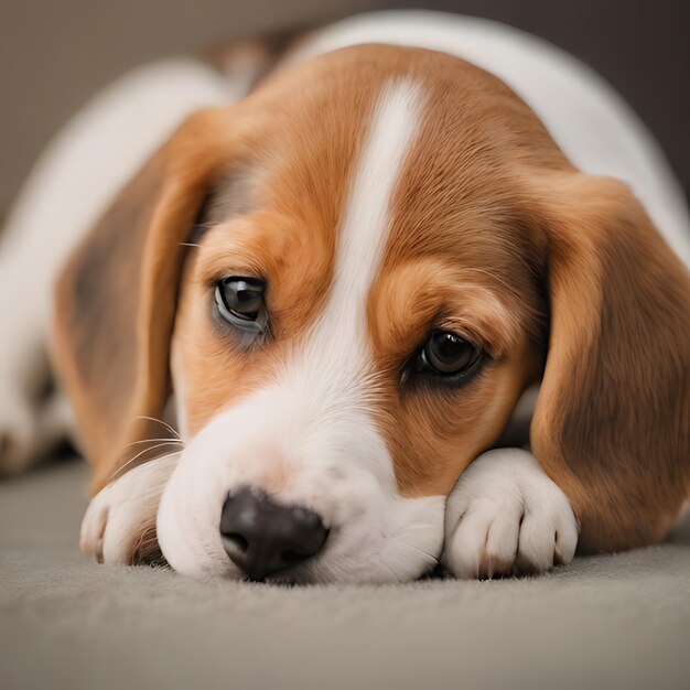 um cão beagle deitado no tapete com os olhos abertos