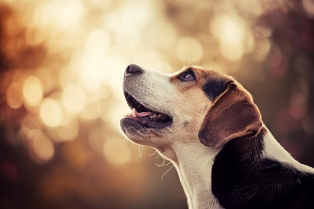 Um cão beagle está olhando para algo