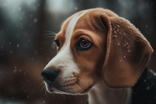 Um cão beagle olha para fora da neve