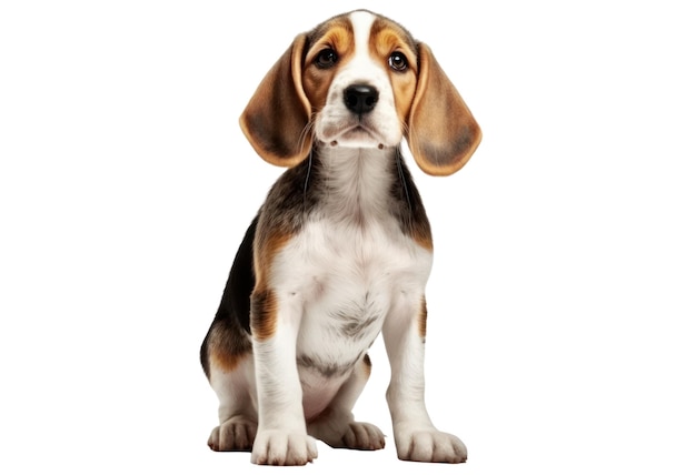 Um cão beagle senta-se sobre um fundo branco.