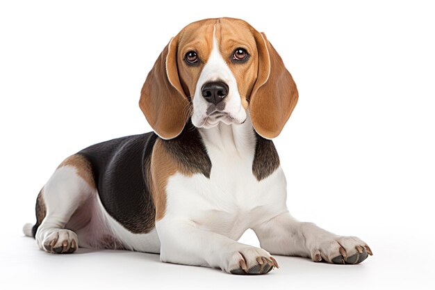 Um cão Beagles isolado em fundo branco liso