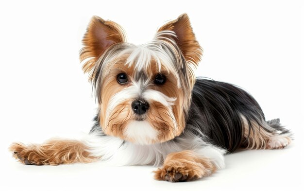 Um cão Biewer Terrier deitado com um olhar focado mostrando seu casaco tricolor