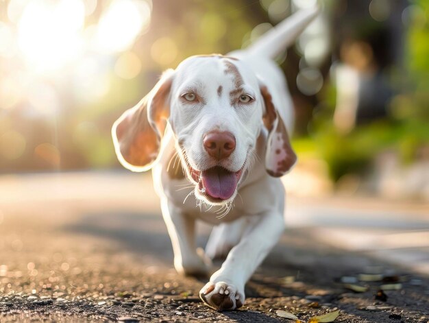 Um cão bonito a caminhar pela rua.