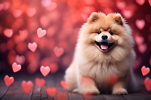 Um cão bonito com fundo de Dia dos Namorados.