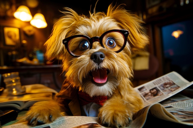 Um cão bonito com óculos está lendo um jornal com a boca aberta