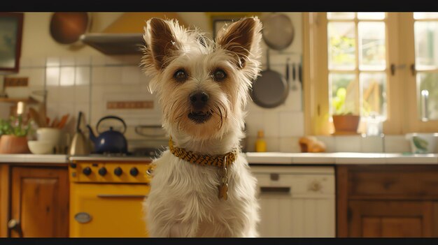 Um cão bonito e curioso senta-se em uma cozinha brilhante olhando para a câmera com a cabeça inclinada para um lado