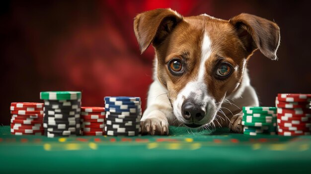 Um cão bonito e engraçado está sentado em uma mesa de pôquer o cão tem um olhar sério em seu rosto e está olhando para as fichas de pôquer na frente dele