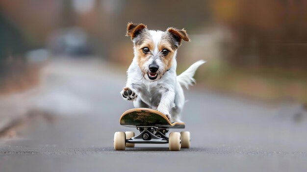 Um cão bonito e feliz anda de skate em uma estrada vazia O cão está usando um capacete e tem um grande sorriso no rosto