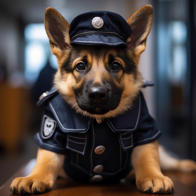 Um cão bonito e feliz como um policial.