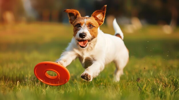 Um cão bonito e feliz está correndo e pegando um disco voador no parque O cão está se divertindo muito brincando com seu dono